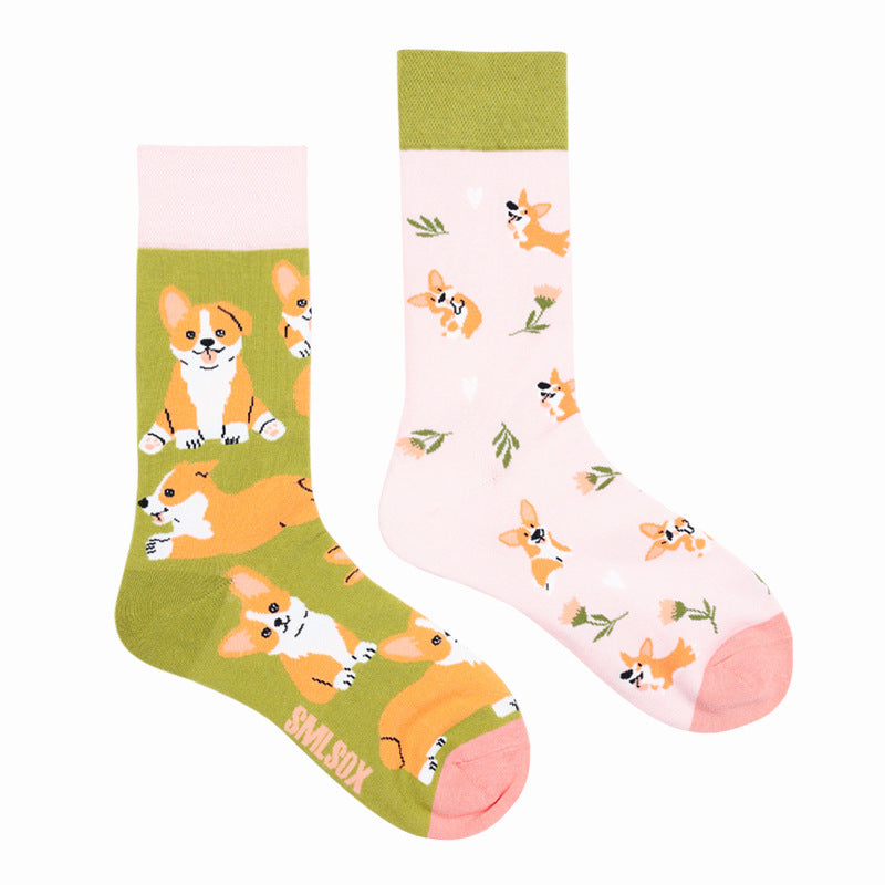 Asymmetrical Color Retro Personality Male And Female Couple Mid-length Cotton Socks