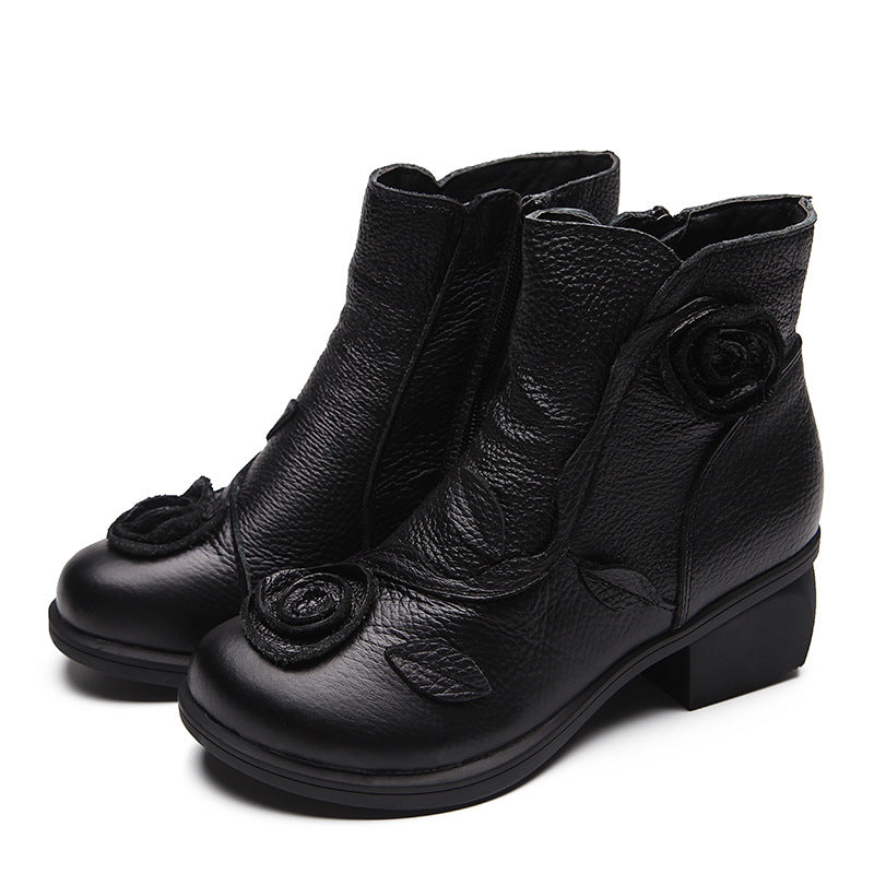 Chunky heel genuine leather ethnic style mid-heel Martin boots, handmade