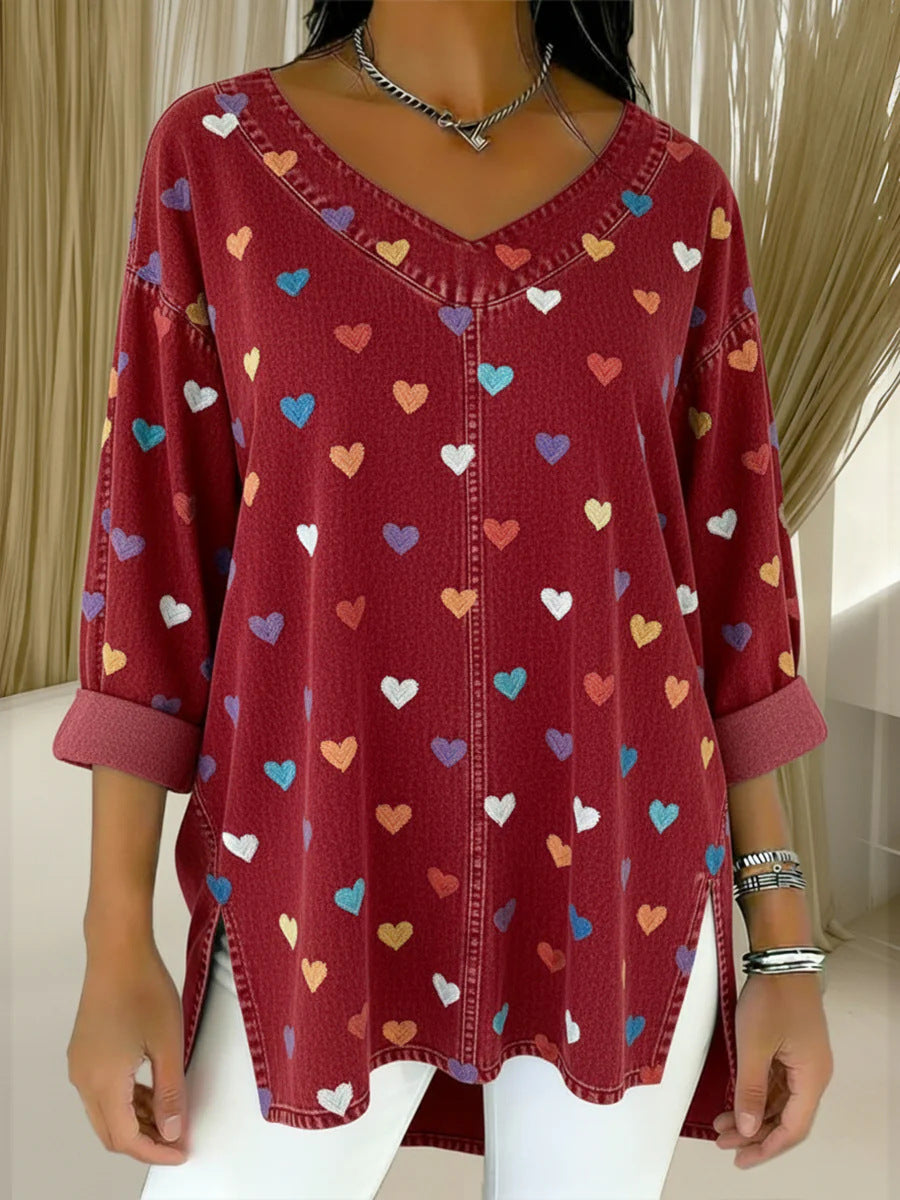 Retro Botanical Print Relaxed-fit Long-sleeve Casual Top