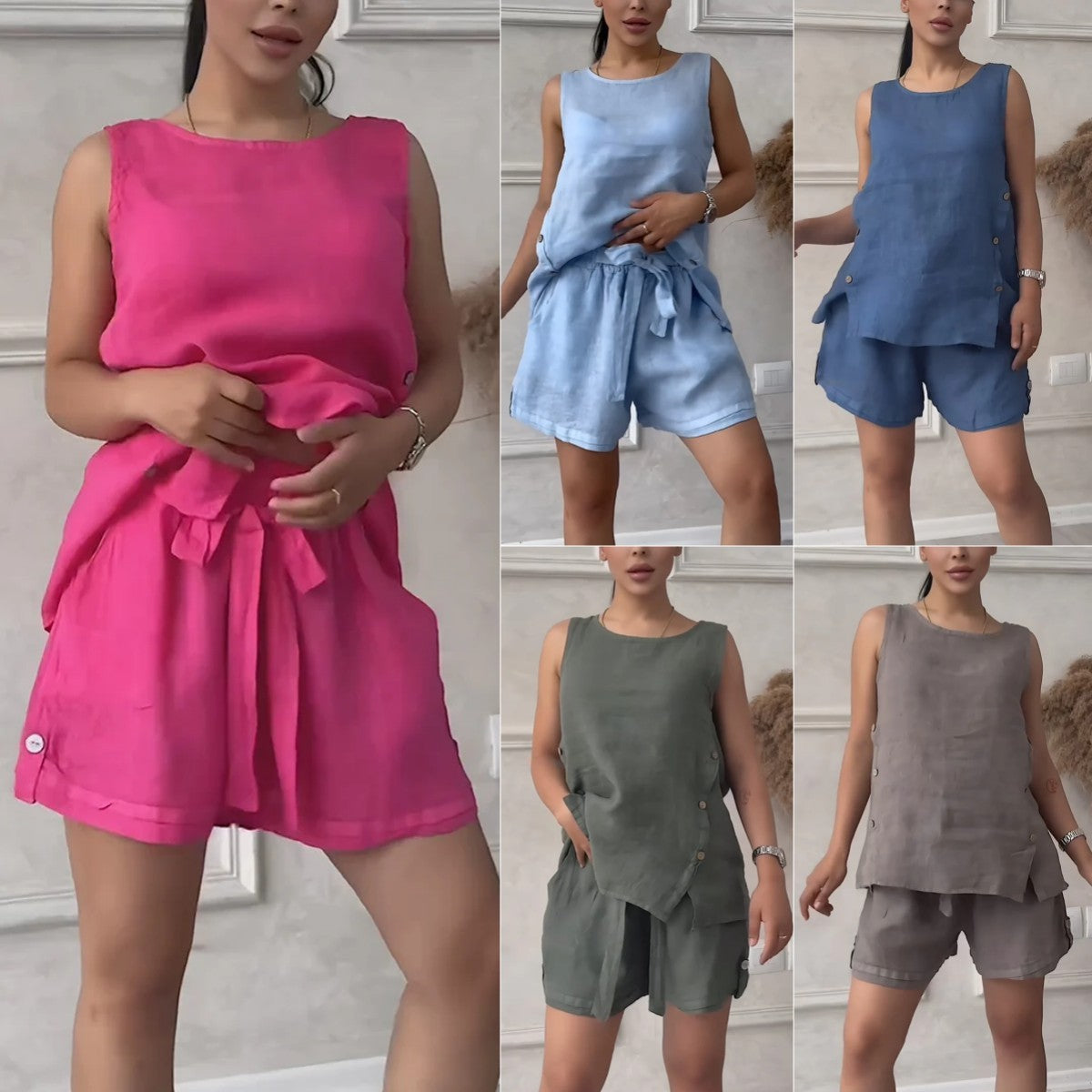 Women's Plus-size Cotton-linen Shirt Set