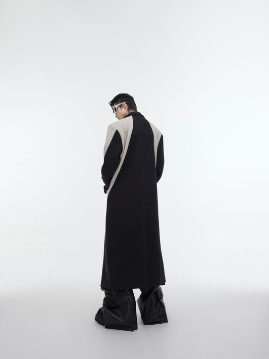 Contrast Color Patchwork Long Knee Length Woolen Coat