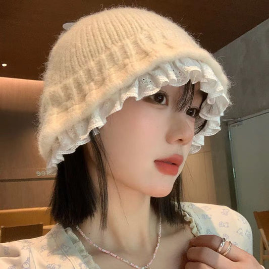 Womens Lace-trimmed Knitted Fisherman Hat