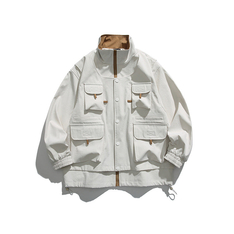 Stand Collar Loose Multi-pocket Charge Jacket Retro Fake Two-pieces Coats