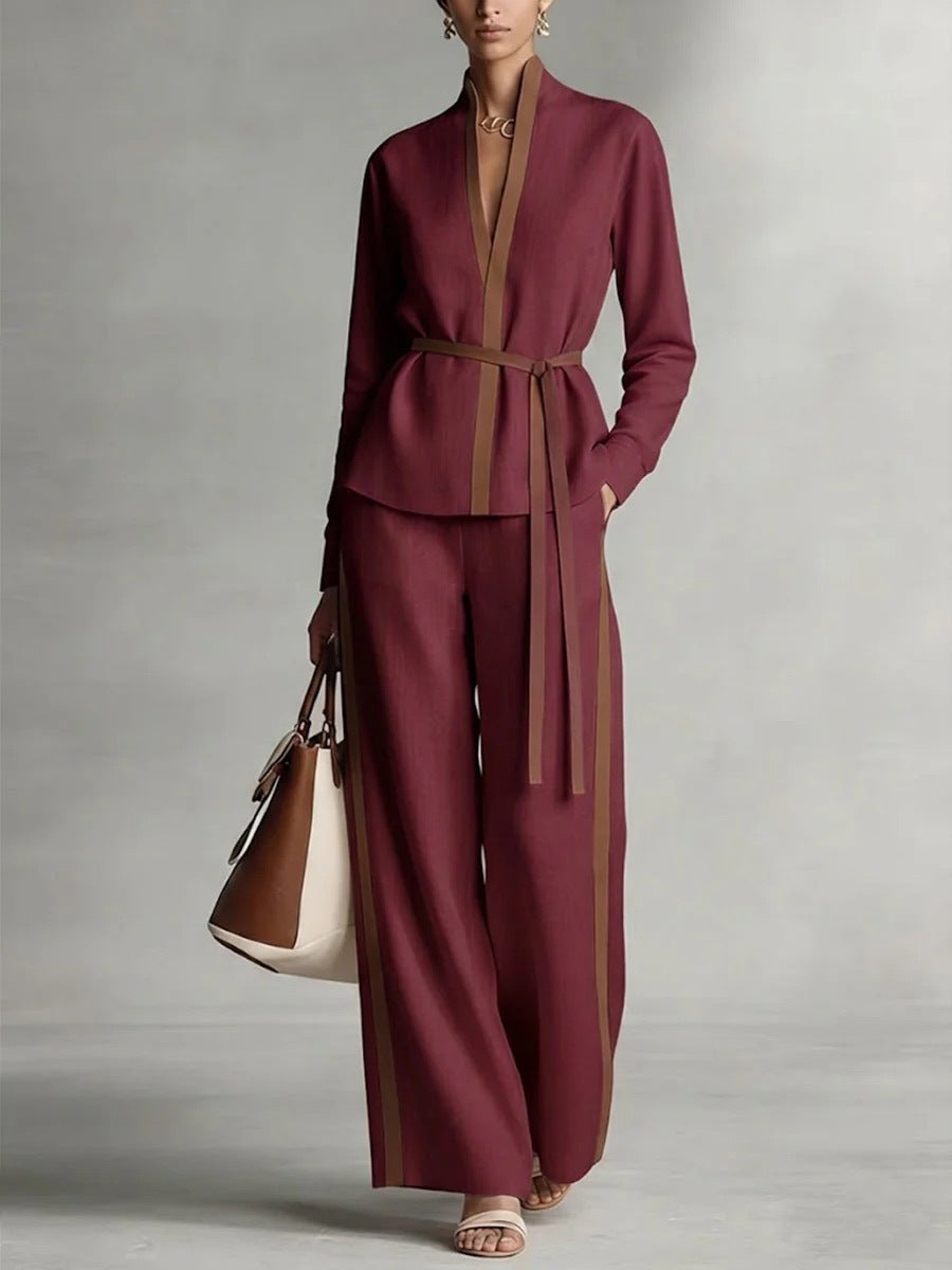 Women's Casual Patchwork Cardigan Shirt And Wide-Leg Pants Set