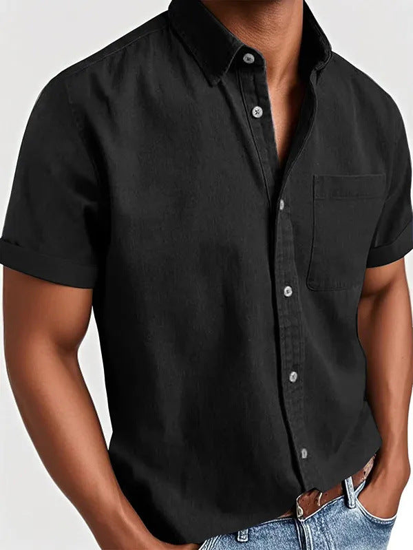 Polo Collar Solid Color Pocket Single-breasted Men's Short-sleeved Shirt