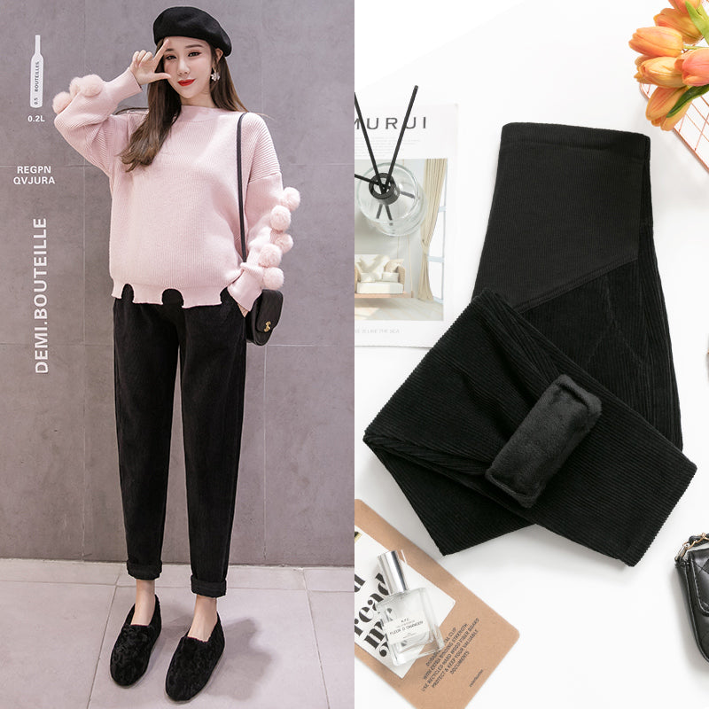 Pregnant Women's Plush Trousers Corduroy Belly Support Loose Warm Casual