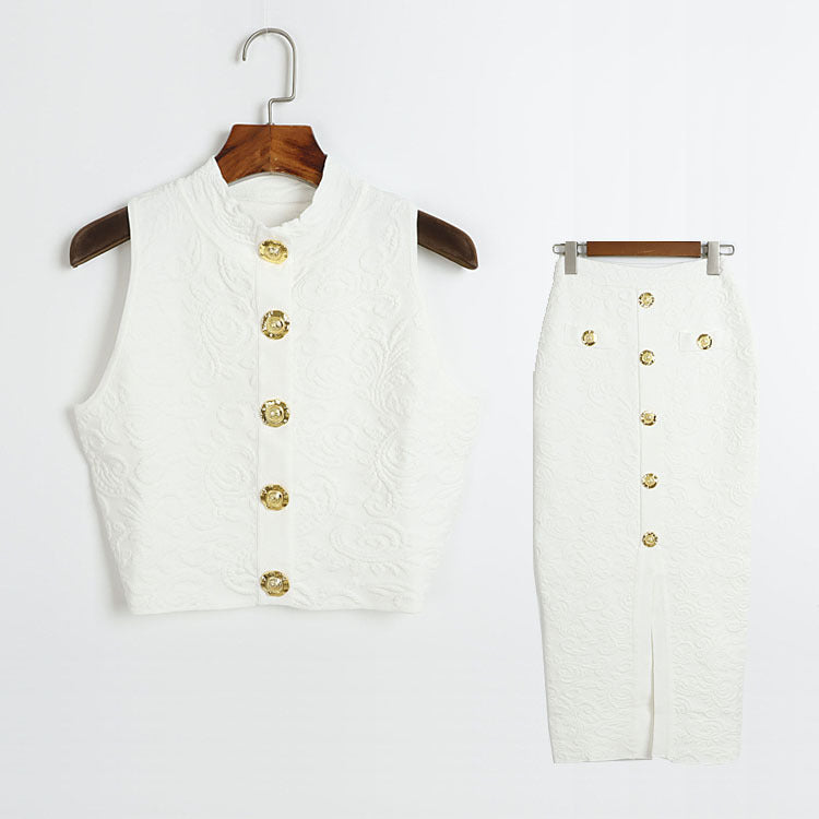 French-style Solid-color Knitted Three-piece Set With A Forked Skirt