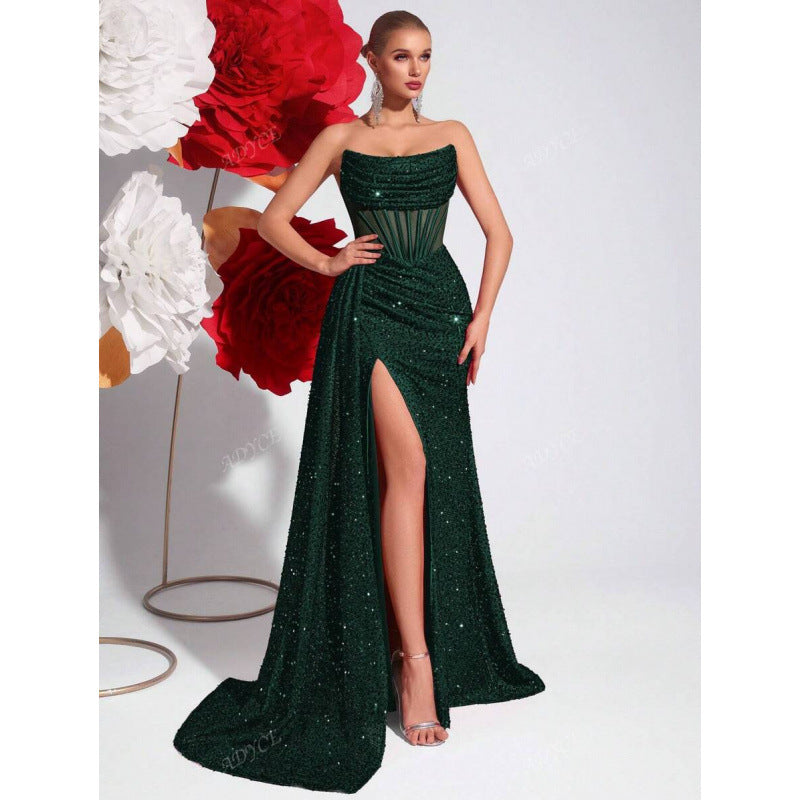 Womens Off-the-Shoulder Hollowed-Out Fishbone Pleated Dress