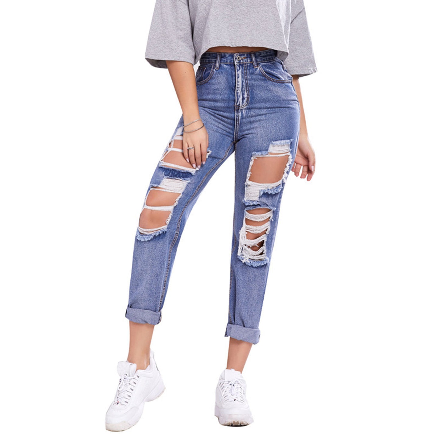 Ladies Trousers High-waisted Butt-lifting Holes Casual Straight-leg Denim Trousers
