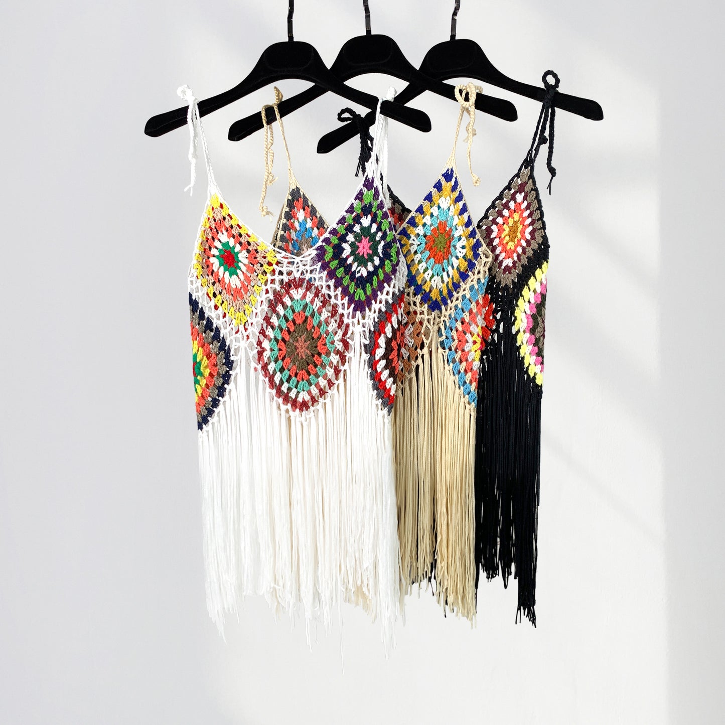 Long Handmade Crocheted Plaid Knitted Sling Tassel Smock Dress