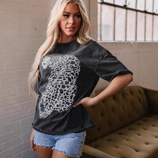 Washed Old New Leopard Print Short-sleeved T-shirt For Women