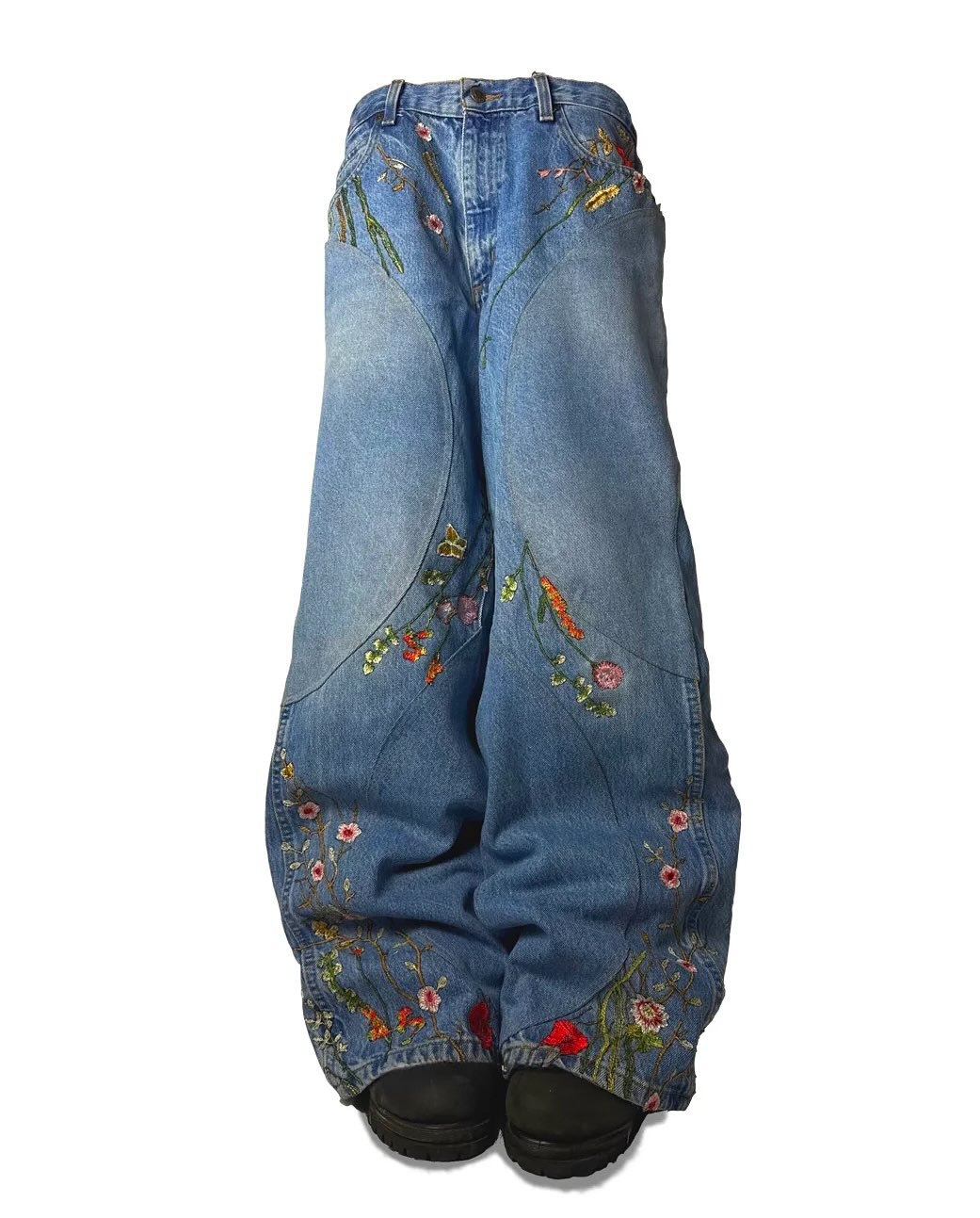 Stitching-design Floral-embroidered Jeans