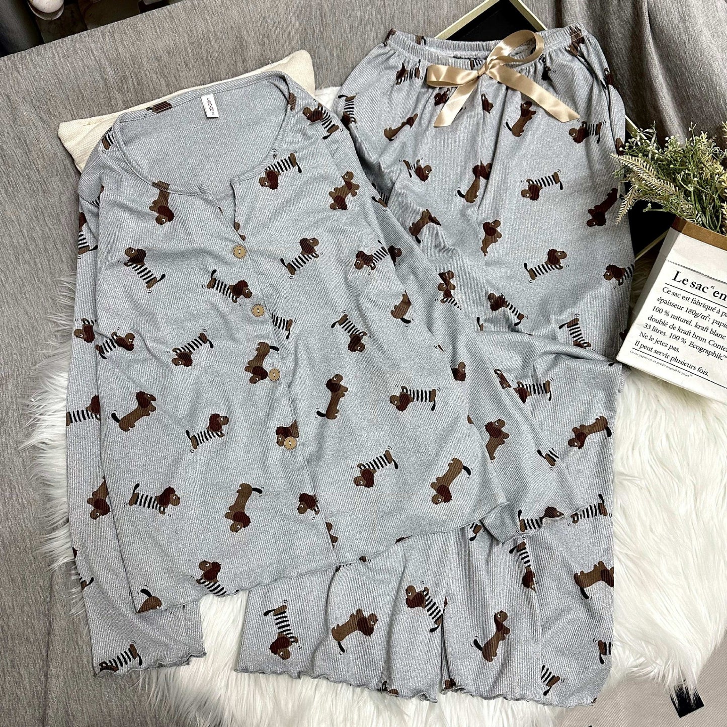 Womens Lightweight Autumn V-neck Ribbed Pajamas