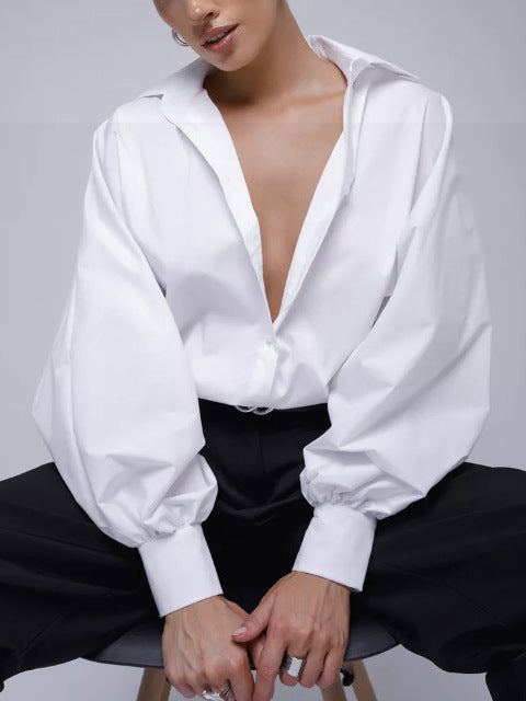 Retro Elegant Bubble Sleeve V-neck Top Shirt Sexy Casual Blouse Women