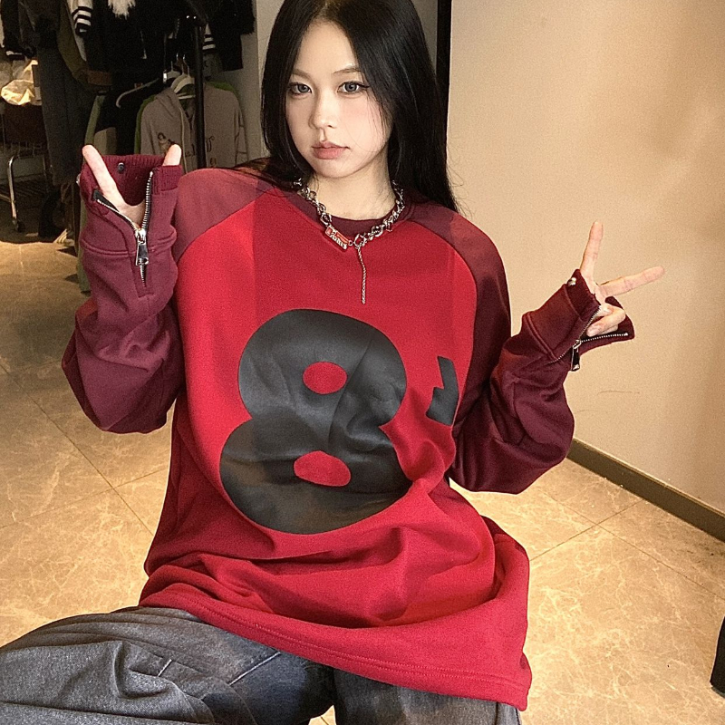 Cuff Rivet Design Letter Loose Round Neck Sweater