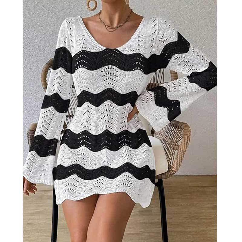 Womens Stylish Sexy Openwork Knit Long-sleeve Top