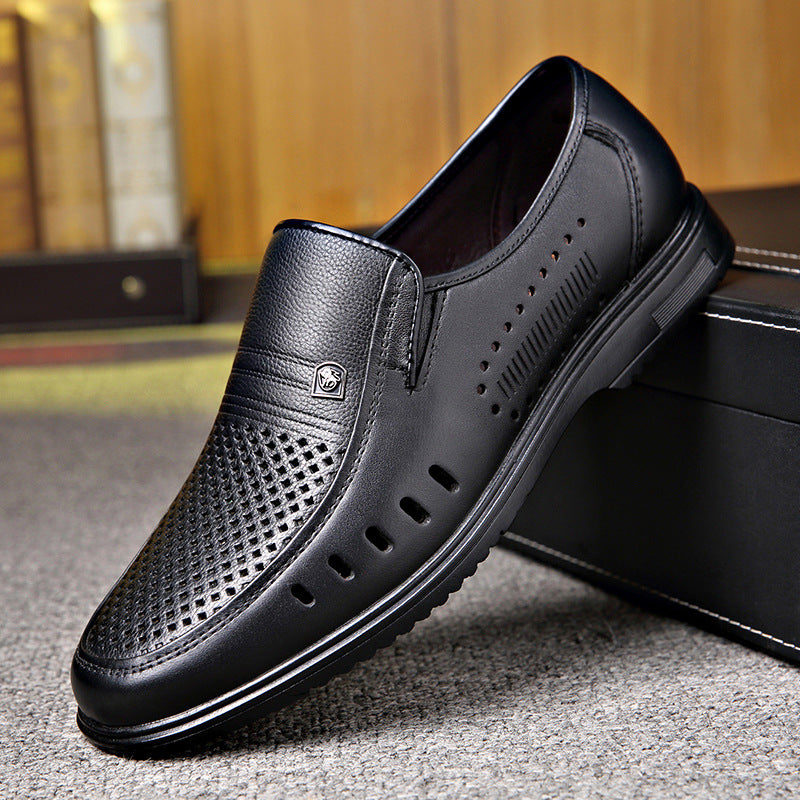 Men's Leather Genuine Flat Sole Round Toe Soft Sole Non-slip Casual Shoes For Middle-aged