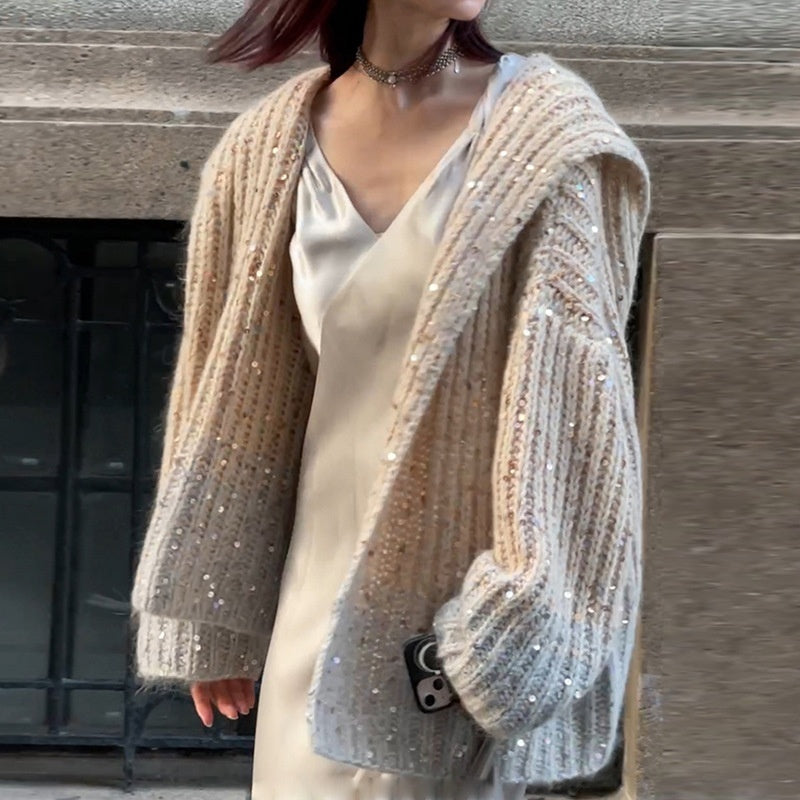 New FallWinter Womens Designer Gradient Sequin Hooded Jacket