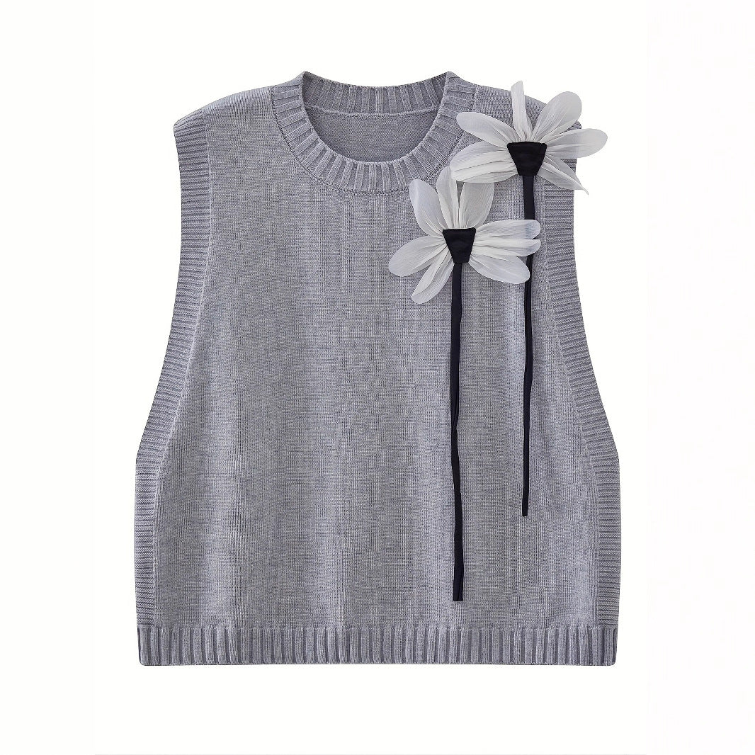 Casual Single-Breasted Shirt Bow-Decorated Knitted Vest And Casual Pants Three-Piece Set