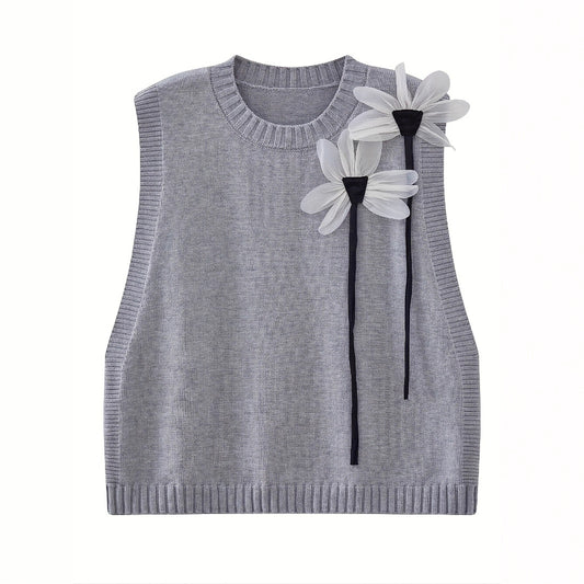 Casual Single-Breasted Shirt Bow-Decorated Knitted Vest And Casual Pants Three-Piece Set
