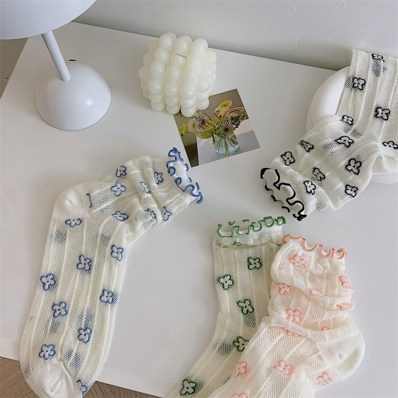 Mesh Stockings Children's College Style Wooden Ear Vertical Stripes Small Flower Tube Socks