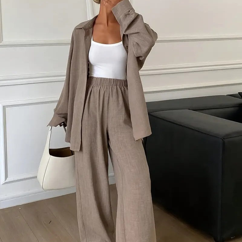 Loose Profile Long Sleeve Shirt High Waist Drooping Wide Leg Pants Two-piece Set