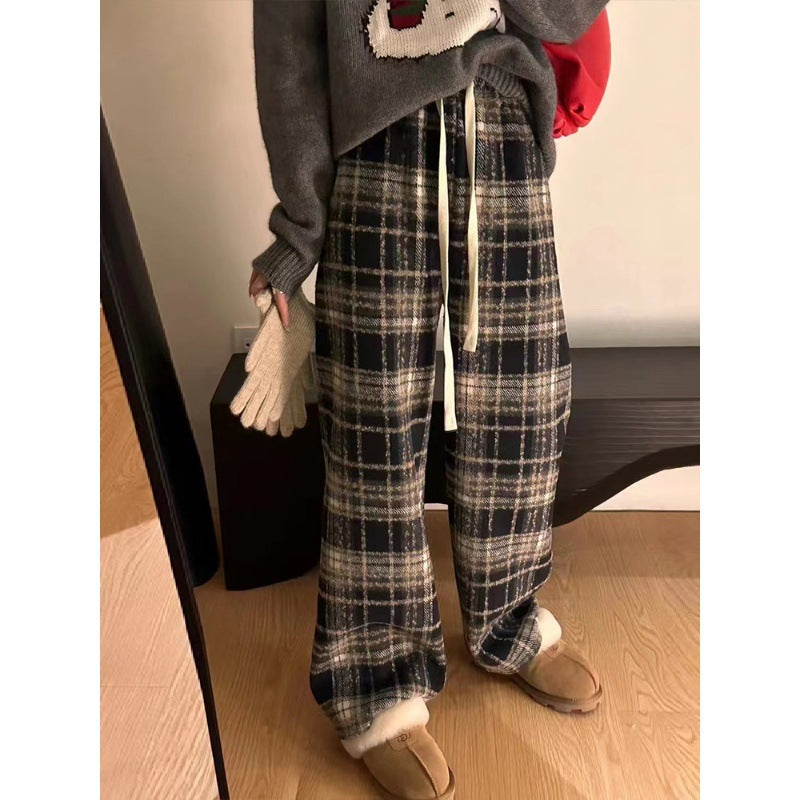 Christmas Red Wool Fleece-lined Lattice Loose Pants