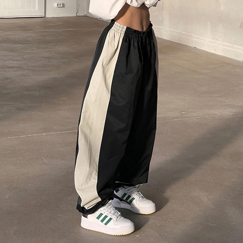 Cool Contrast Color Drawstring Ankle-tied American Casual Loose Woven Pants