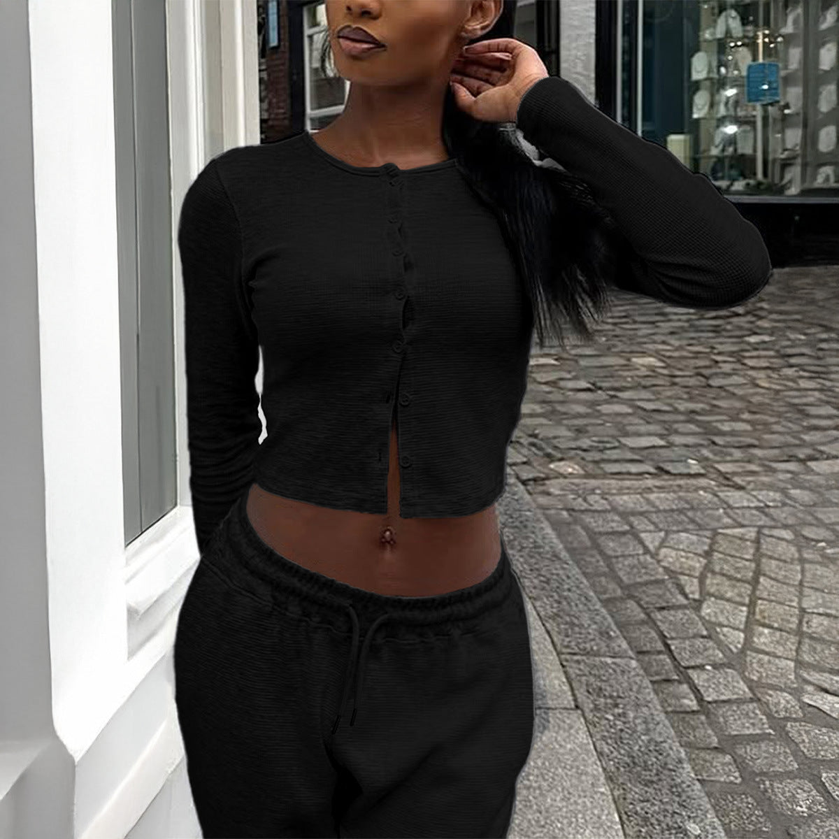 Womens Solid-Color Base Shirt And Casual Pants Set