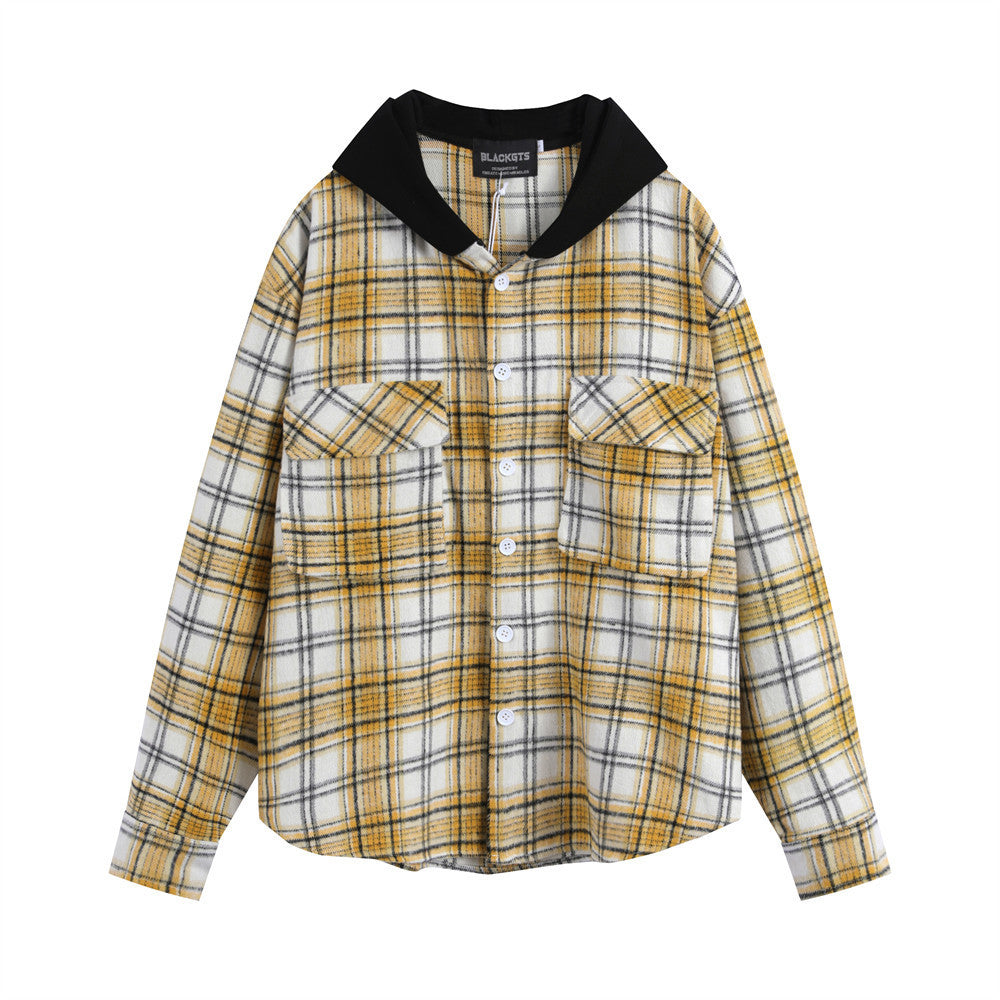 Plaid Colorblock Hooded Shirt Coat Men