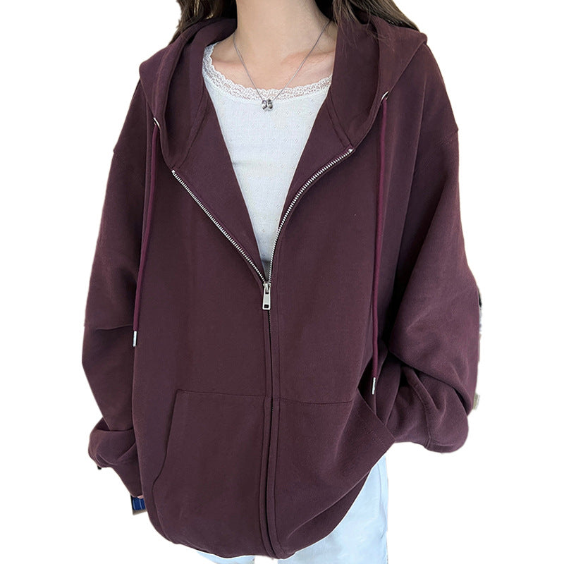 Solid Color Zipper Sweater Coat Women's Autumn Korean Style Hooded