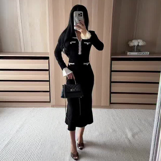 Flared-sleeve Waist-cinched Sheath-style Elegant Black Midi Dress