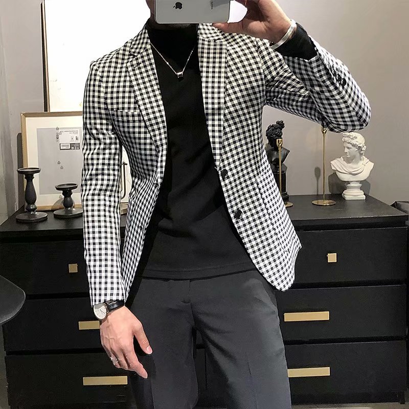 Casual Slim-fit Black And White Plaid Artistic Youth Fashion Jacket