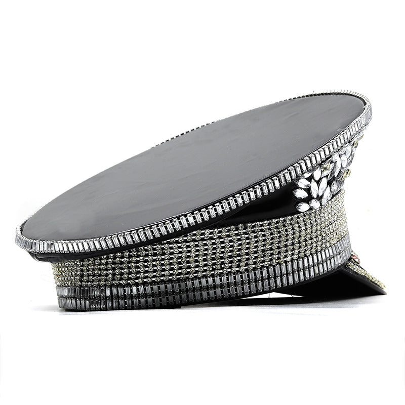 Kvinders Diamant Bryllupshat Sølv Pailletter Diamanter Fotohue Kasket med skygge Flad-top Hat Performance Hat