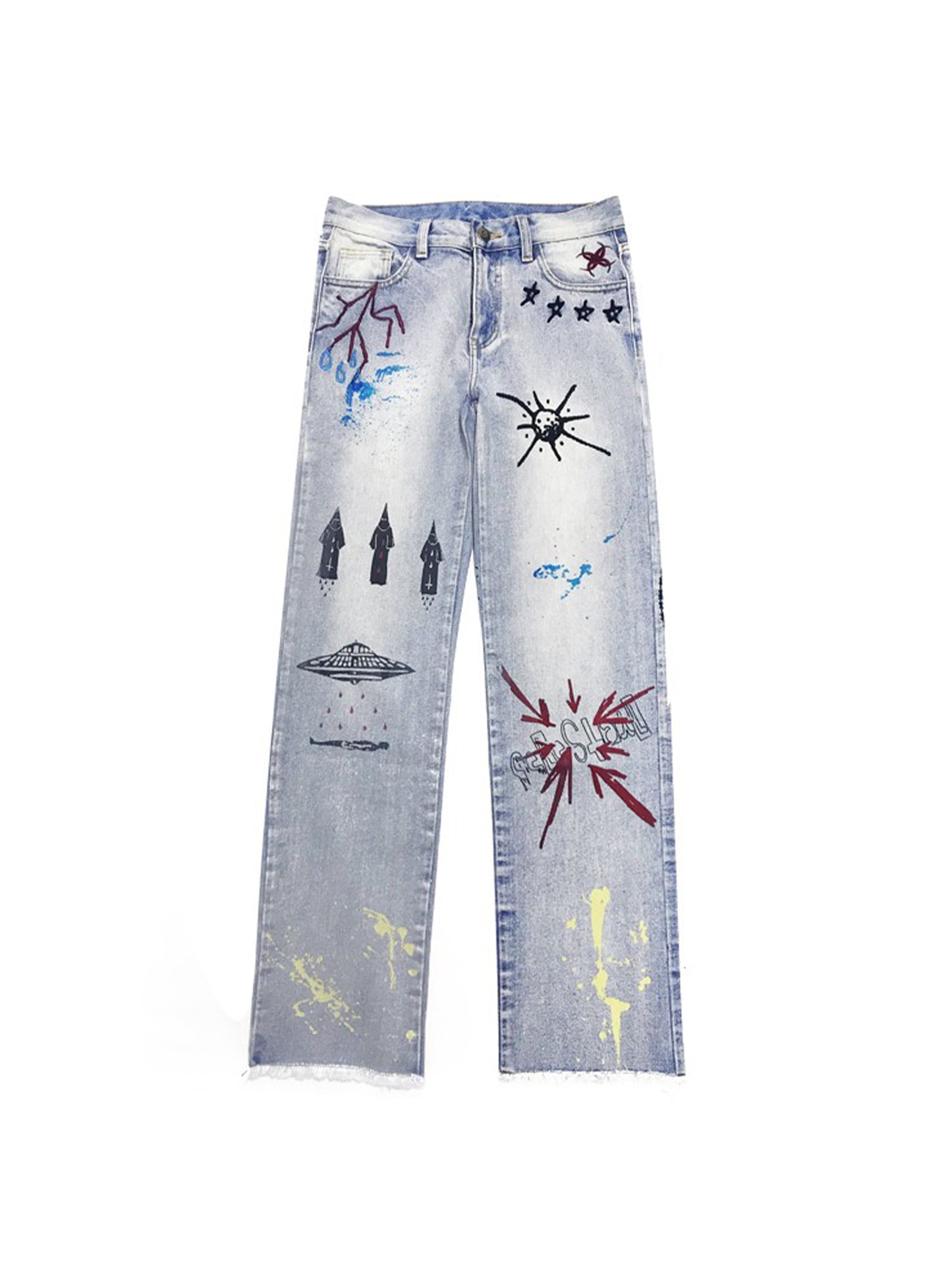 Graffiti-embroidered Frayed Wash Jeans