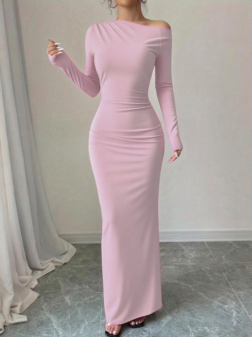 Sleek Long-sleeved Solid-color Dress That Hugs