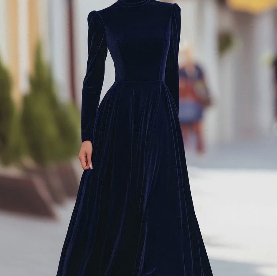 Womens Elegant Long Dress With A High Neck And Puffed Sleeves