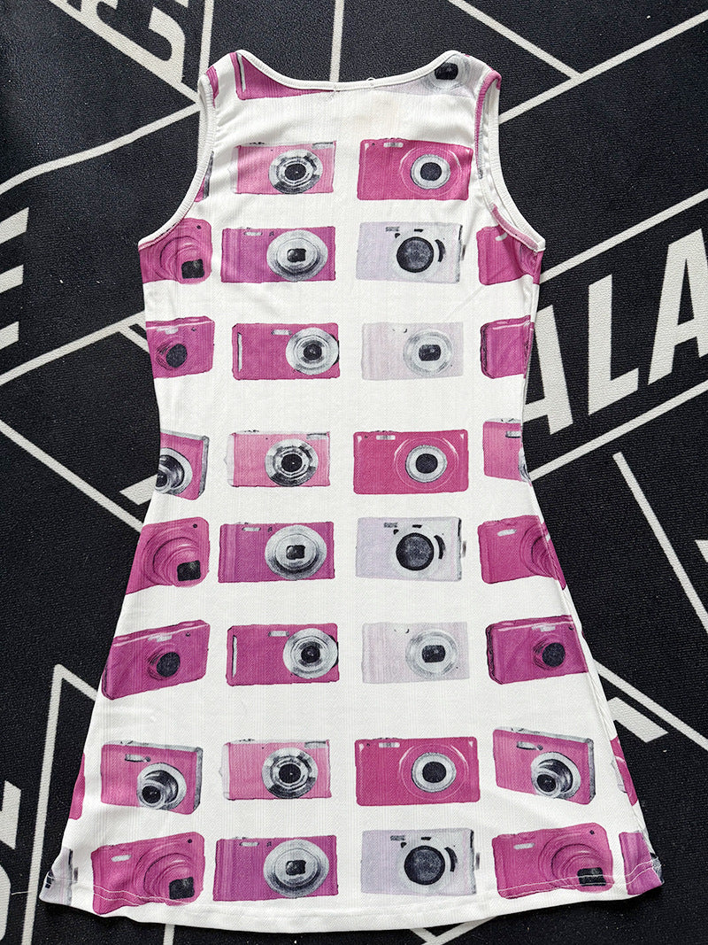 Street-style Retro Y2K Edgy Camera-print Fitted Vest Dress