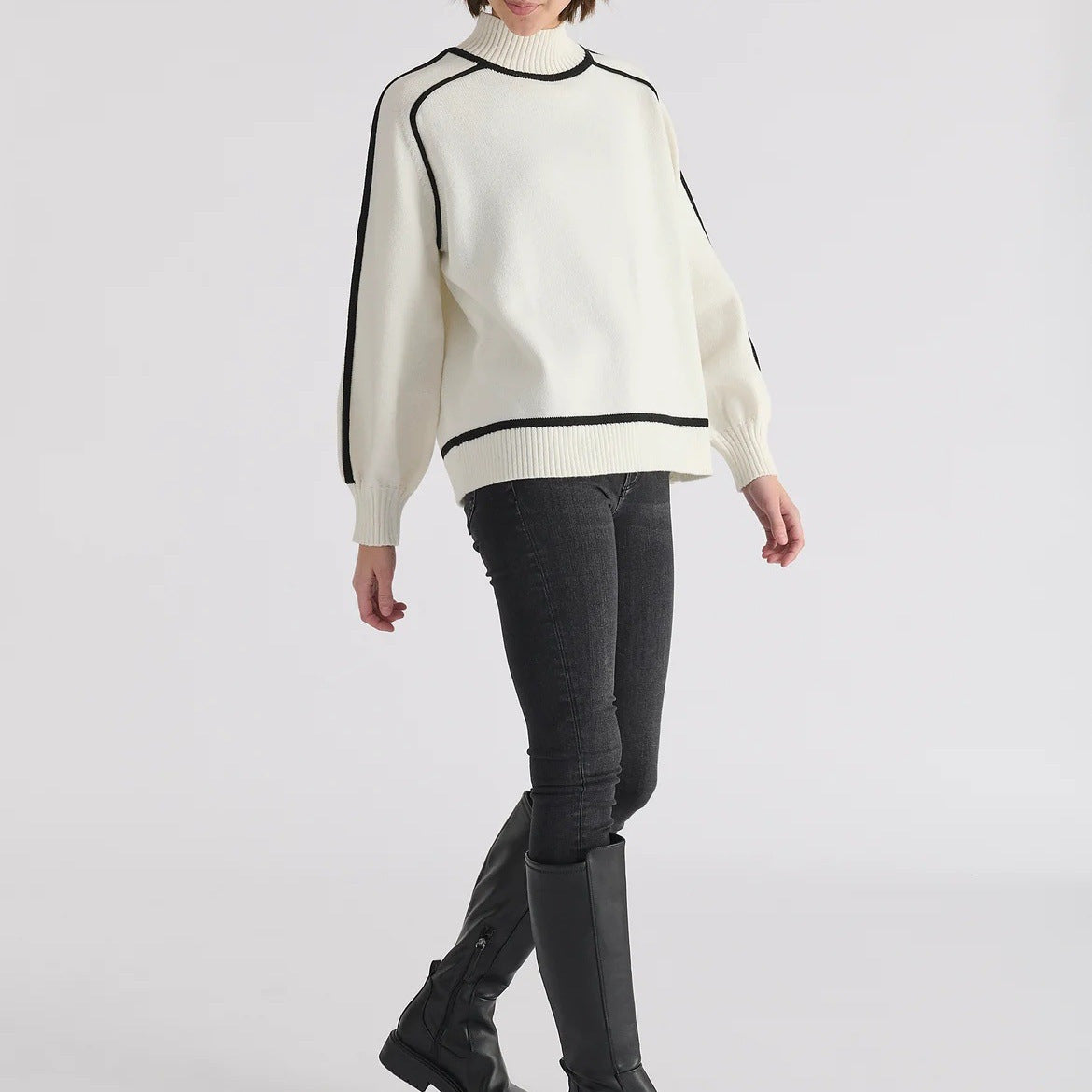 Maillard Autumn And Winter Striped Contrast Color Top For Women