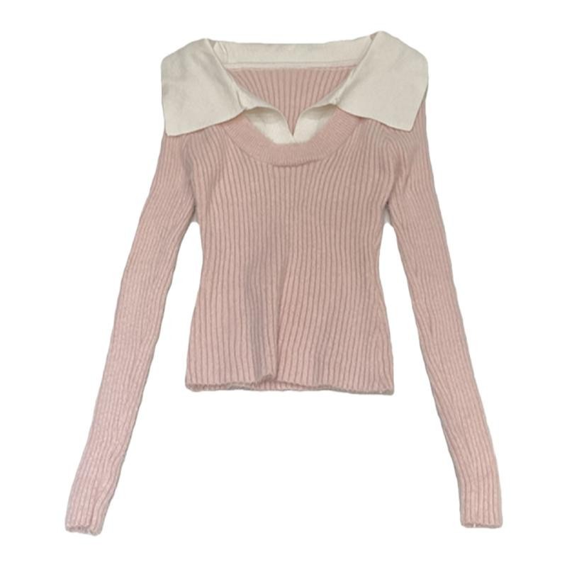 Fake Two Pieces Slim-fit Short Long Sleeve Sweater Bottoming Shirt
