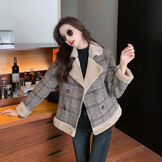 Autumn And Winter Tide All-match Thick Plaid Woolen Fur