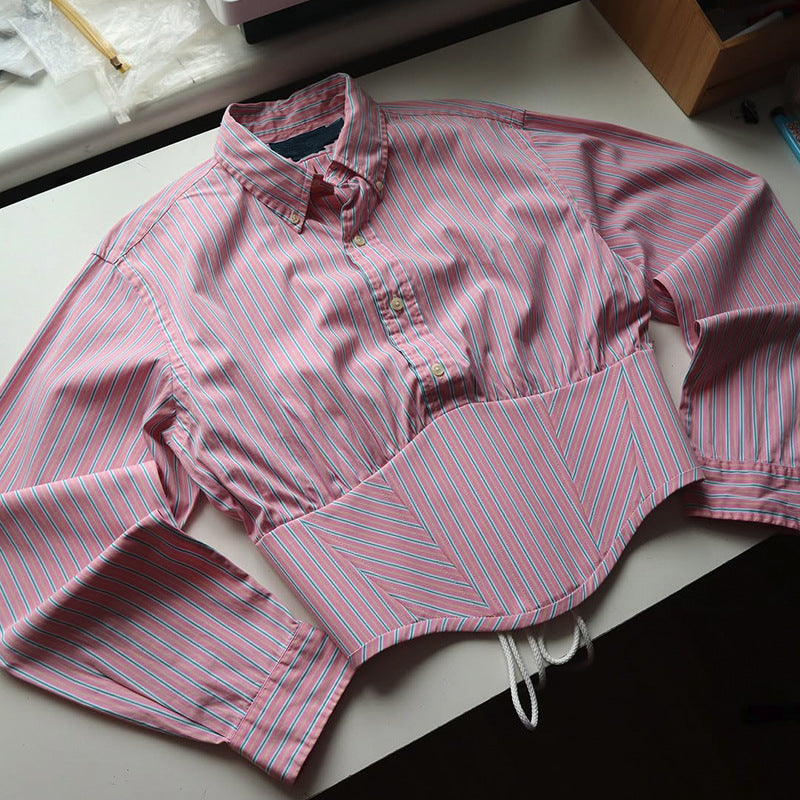 Striped Lapel Fitted Waist Short-length Long Sleeves