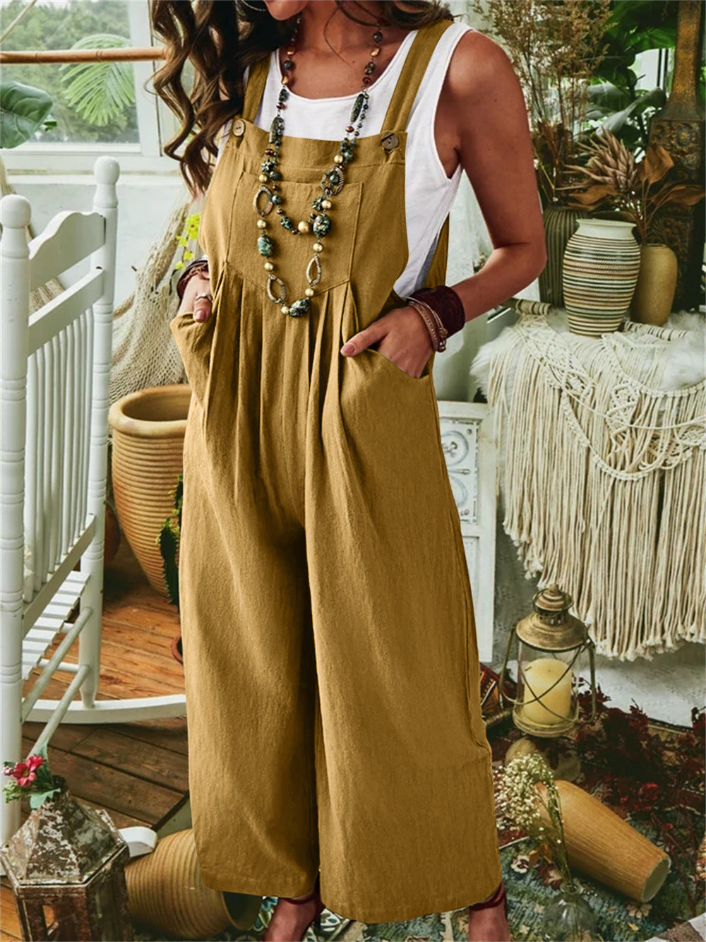 Women's Cotton Linen Pocket Casual Wide Leg Side Button Jumpsuit