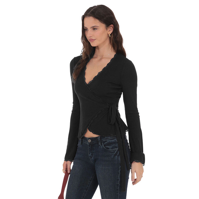 New Deep V-neck Cross-front Tie Lace Trim Top