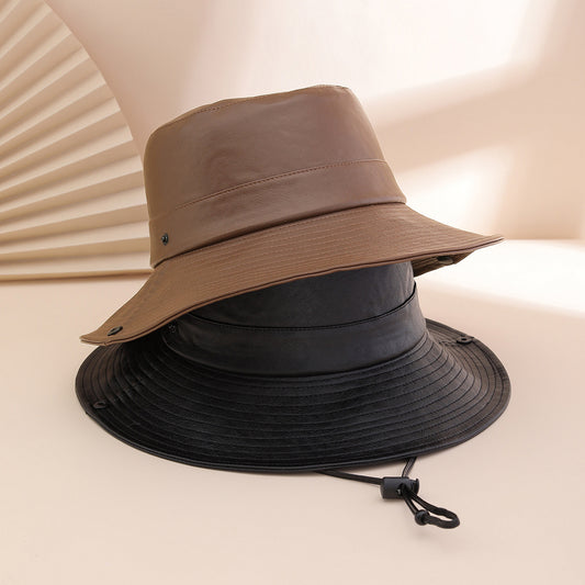 Solid-color Glossy PU Leather Windproof Wide-brimmed Sunshade, Sweet And Cool Street Style Fisherman's Hat, Daily Commuting, Outings, Shopping