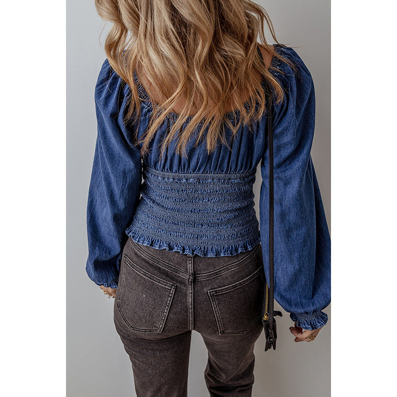 Women's V-neck Denim Long-sleeved Tops