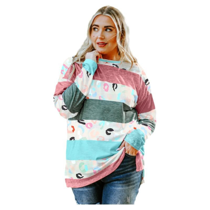 Green Plus Size Color Block Loose Long Sleeve Top