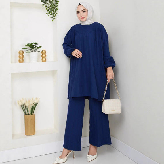 Solid-color Casual Loose-fitting Crew-neck Long-sleeve Wide-leg Pants Set