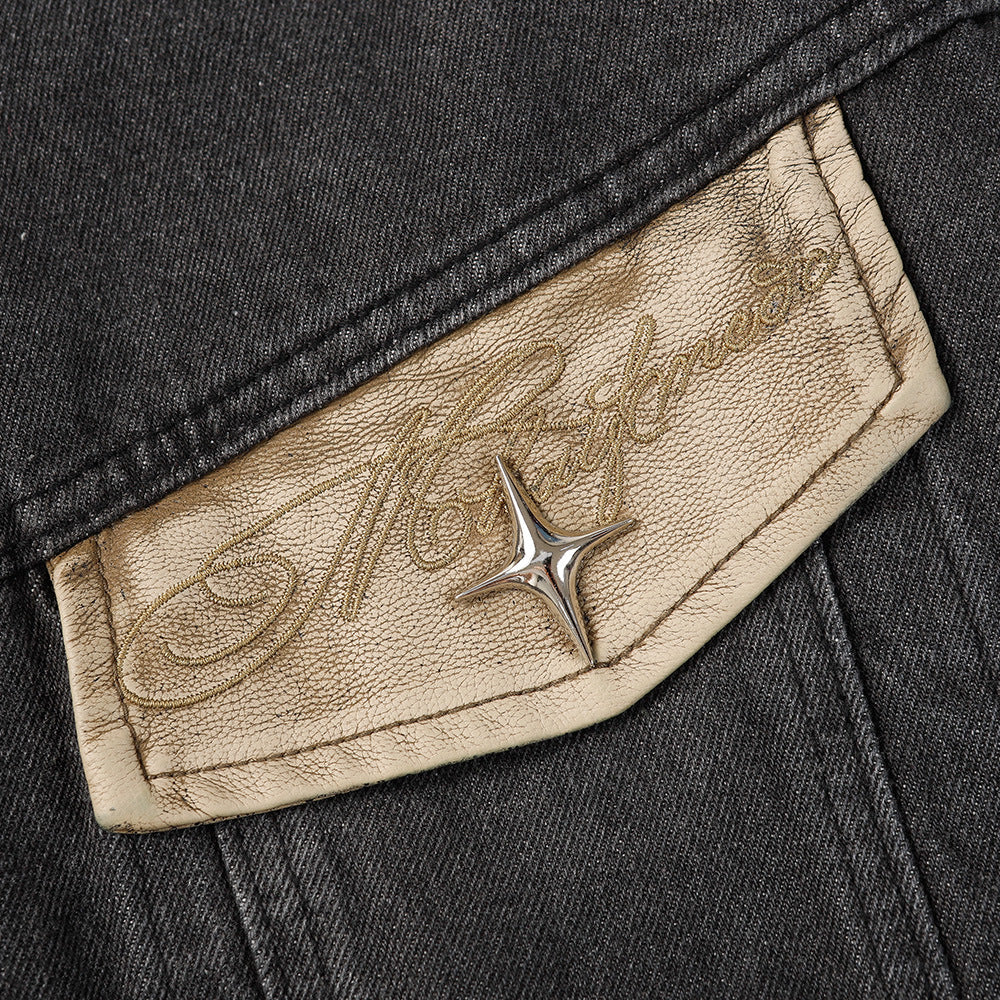 Contrast Color Leather Patchwork Lapel Pocket Denim Clothes Jacket