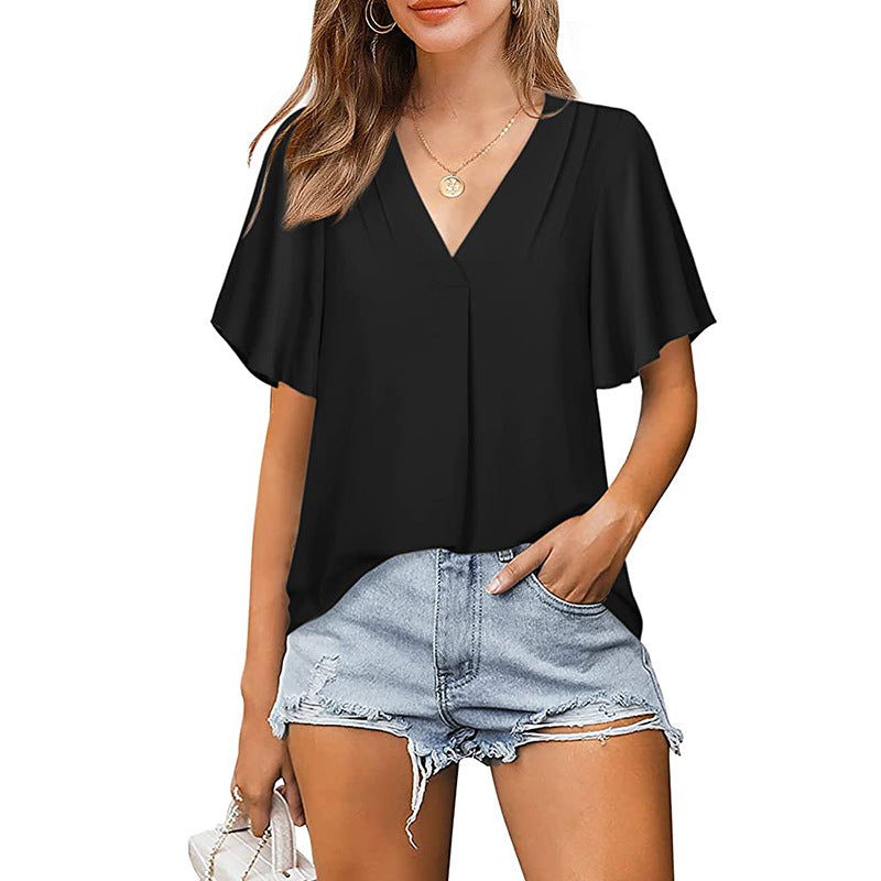 Chiffon With V-shaped Shape Pleated Loose Shirt